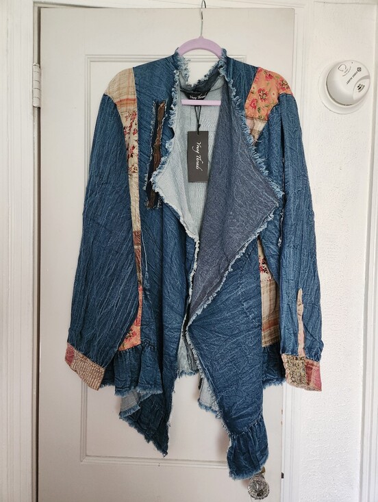 Young Threads Jackets & Blazers - Young Threads Boho Patchwork Blue Denim Open-Front Jacket